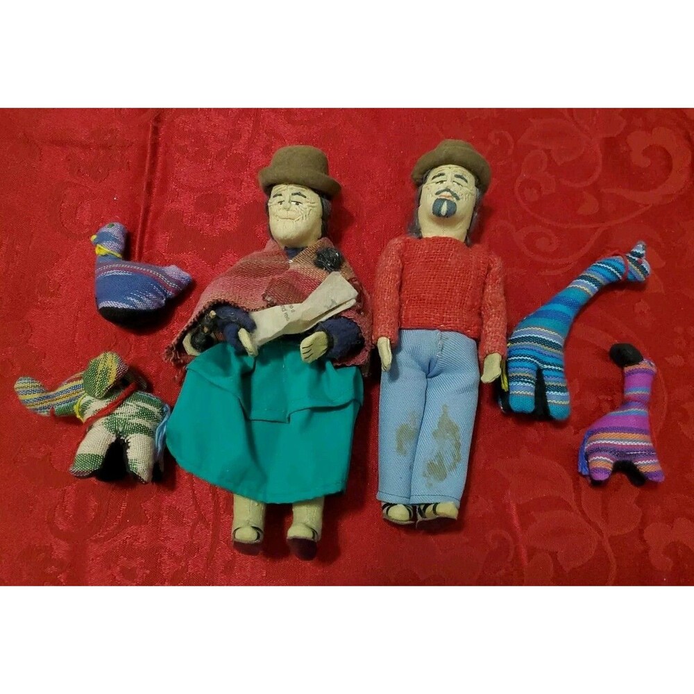 Bolivian Folk Art Handmade Cloth Dolls Man & Cholita Woman + 4 Animals
